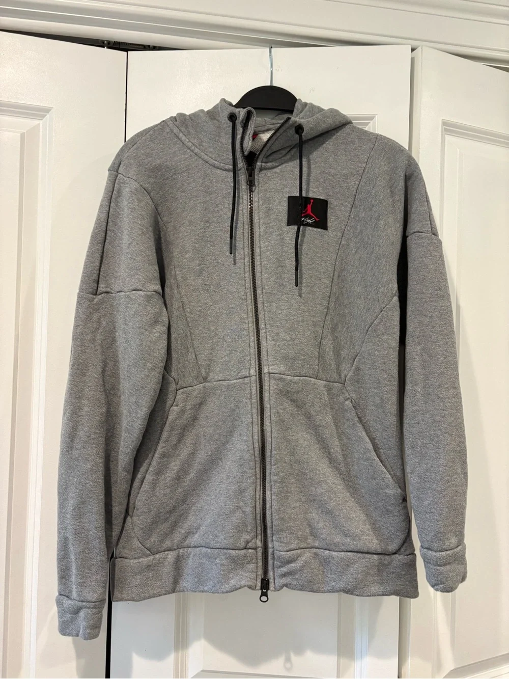 Jordan Gray Full-Zip Hooded Sweatshirt with Red Jumpman Patch